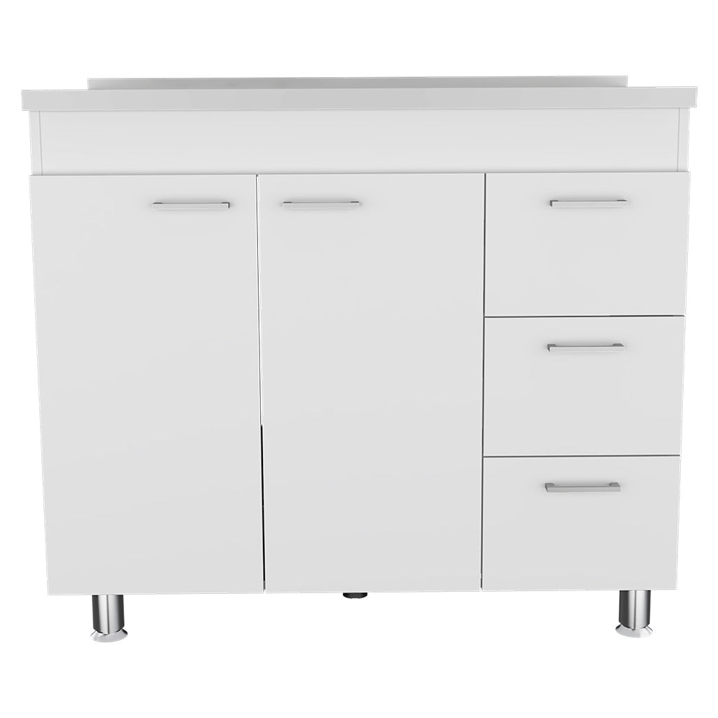 TUHOME CONCEPT Mueble bajo de cocina Ferretti de 100 cm con fregadero inox, 2 puertas y 3 cajones, blanco