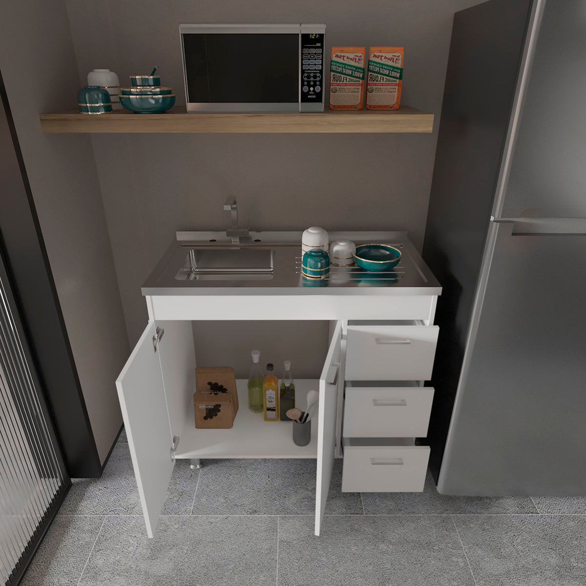 TUHOME CONCEPT Mueble bajo de cocina Ferretti de 100 cm con fregadero inox, 2 puertas y 3 cajones, blanco