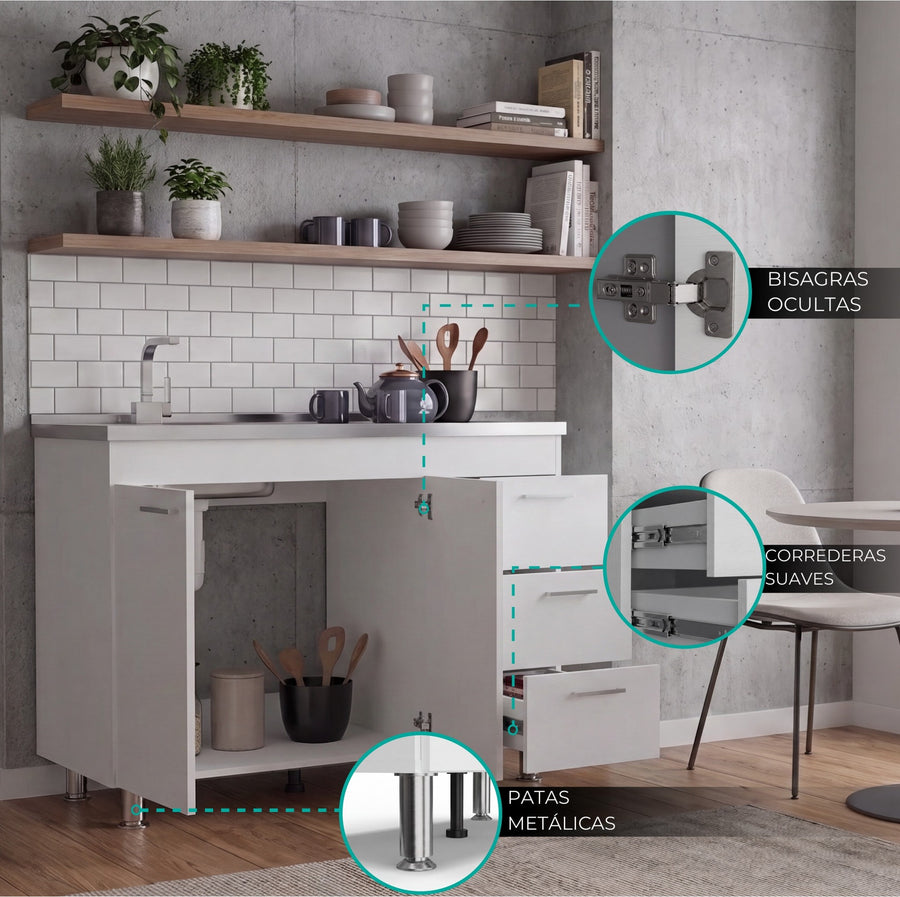 TUHOME CONCEPT Mueble bajo de cocina Ferretti de 100 cm con fregadero inox, 2 puertas y 3 cajones, blanco