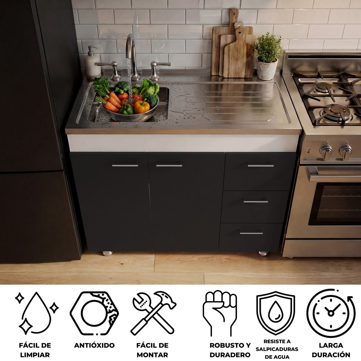 TUHOME CONCEPT Mueble bajo de cocina Ferretti de 100 cm, blanco y wengué (MIW 6764) 5