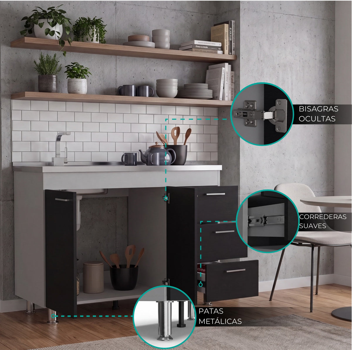 TUHOME CONCEPT Mueble bajo de cocina Ferretti de 100 cm, blanco y wengué (MIW 6764) 7