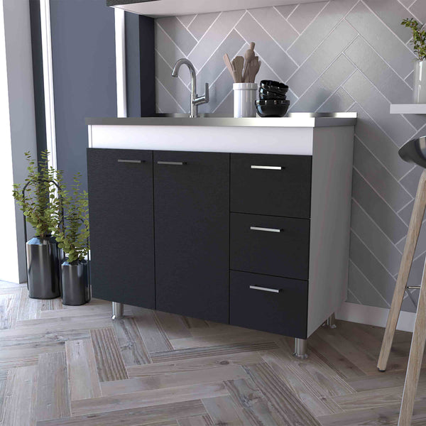 Mueble bajo Ferreti en melamina con 3 cajones ,  2 puertas y encimera de acero inoxidable , multicolor , 90 cm X 100 cm X 52.5 cm