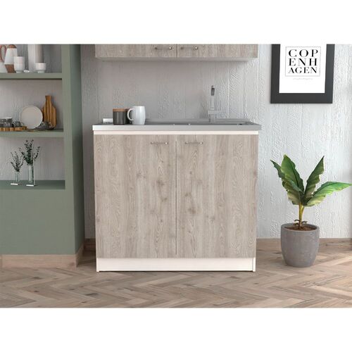 Mueble de fregadero Napoles de 100 cm con fregadero de acero inoxidable y 2 puertas, blanco y gris ceniza