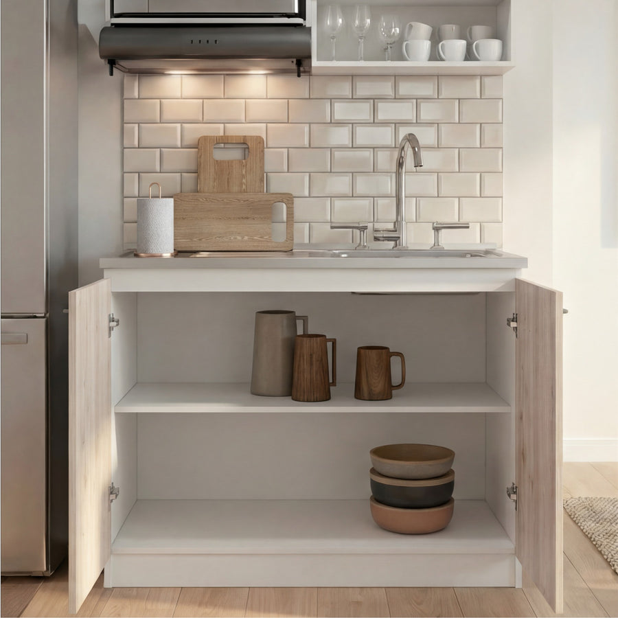 TUHOME CONCEPT Mueble de fregadero Nápoles de 100 cm con cubeta de acero inoxidable y 2 puertas, blanco y gris ceniza