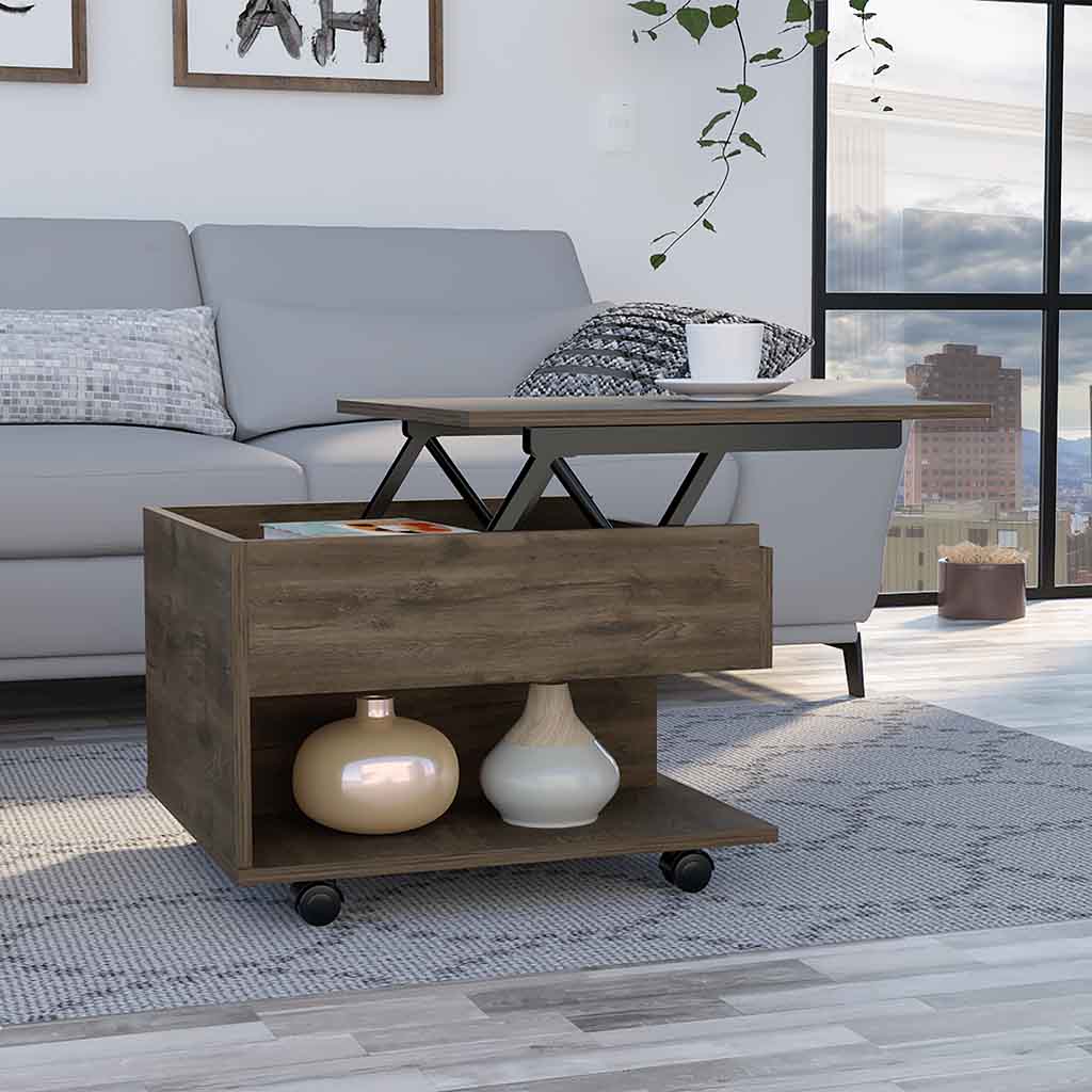 TUHOME CONCEPT Mesa de centro elevable Luanda de 55 cm con ruedas, roble oscuro