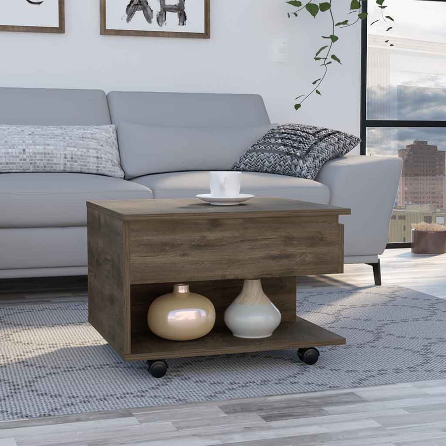 Mesa de centro elevable Luanda de 55 cm con ruedas, roble oscuro