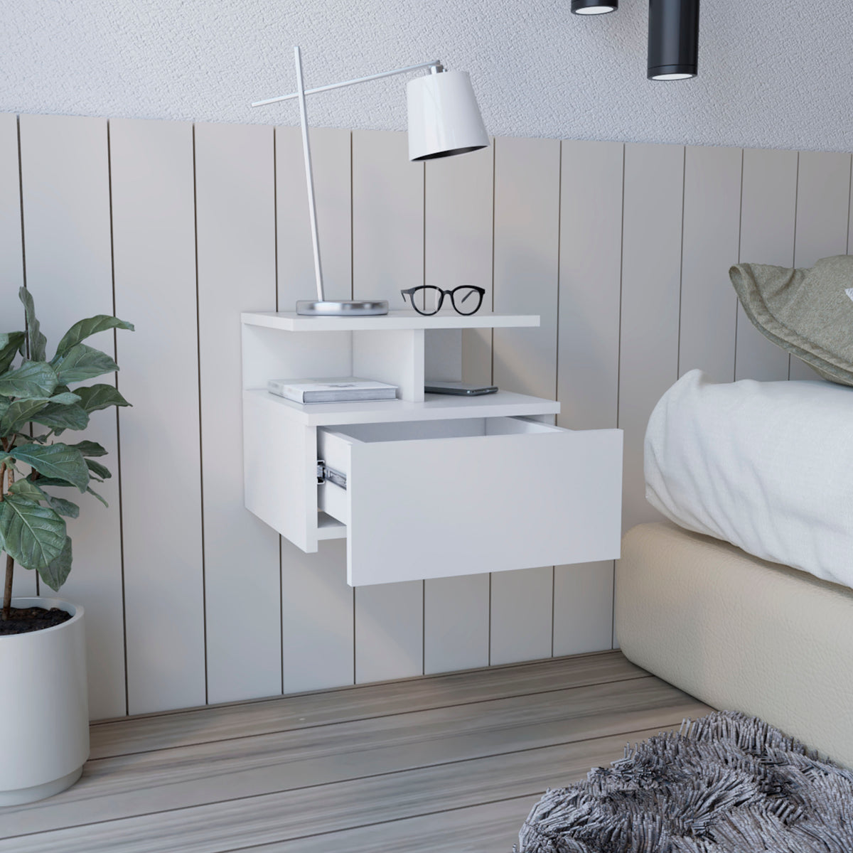 TUHOME CONCEPT Mesita de noche flotante Adele de 36 cm, blanco