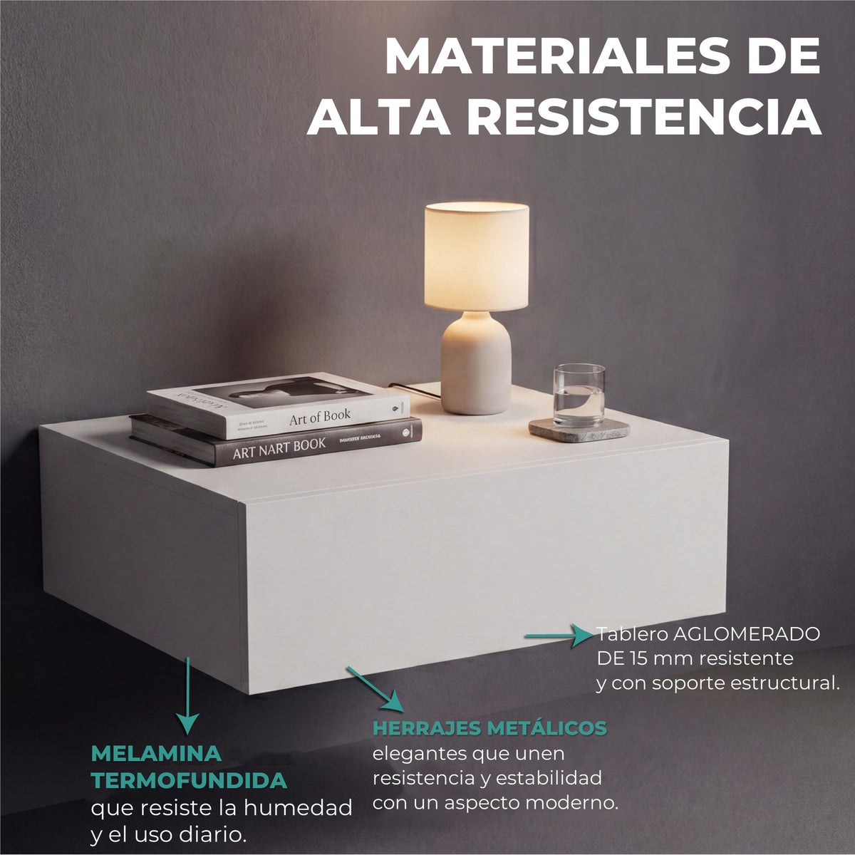 TUHOME CONCEPT Mesita de noche flotante Milano de 40 cm, blanco