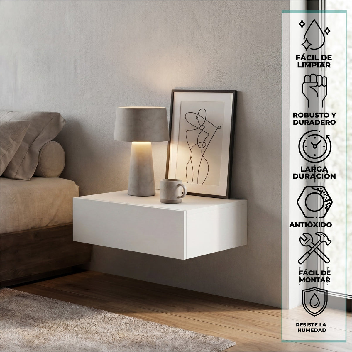 TUHOME CONCEPT Mesita de noche flotante Milano de 40 cm, blanco