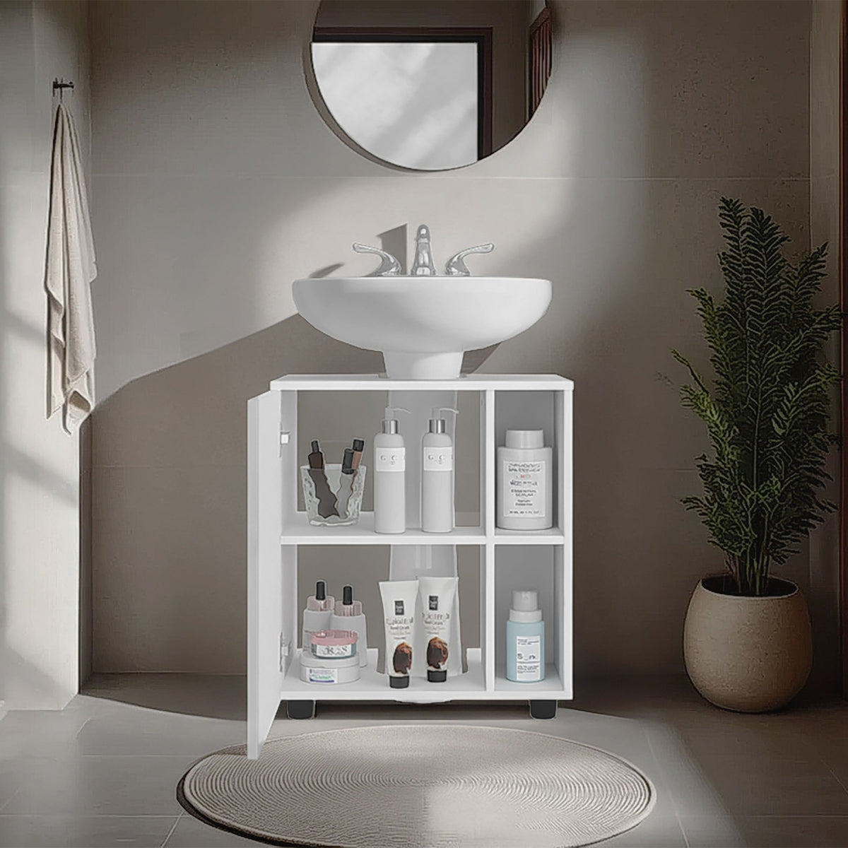 TUHOME CONCEPT Mueble bajo lavabo Pascuale de 55 cm con puerta y huecos laterales, blanco
