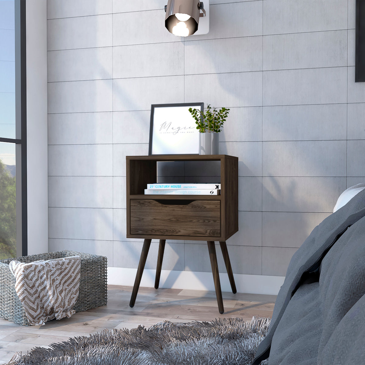 TUHOME CONCEPT Mesita de noche Otom de 40 cm con 1 cajón y 1 hueco, nogal