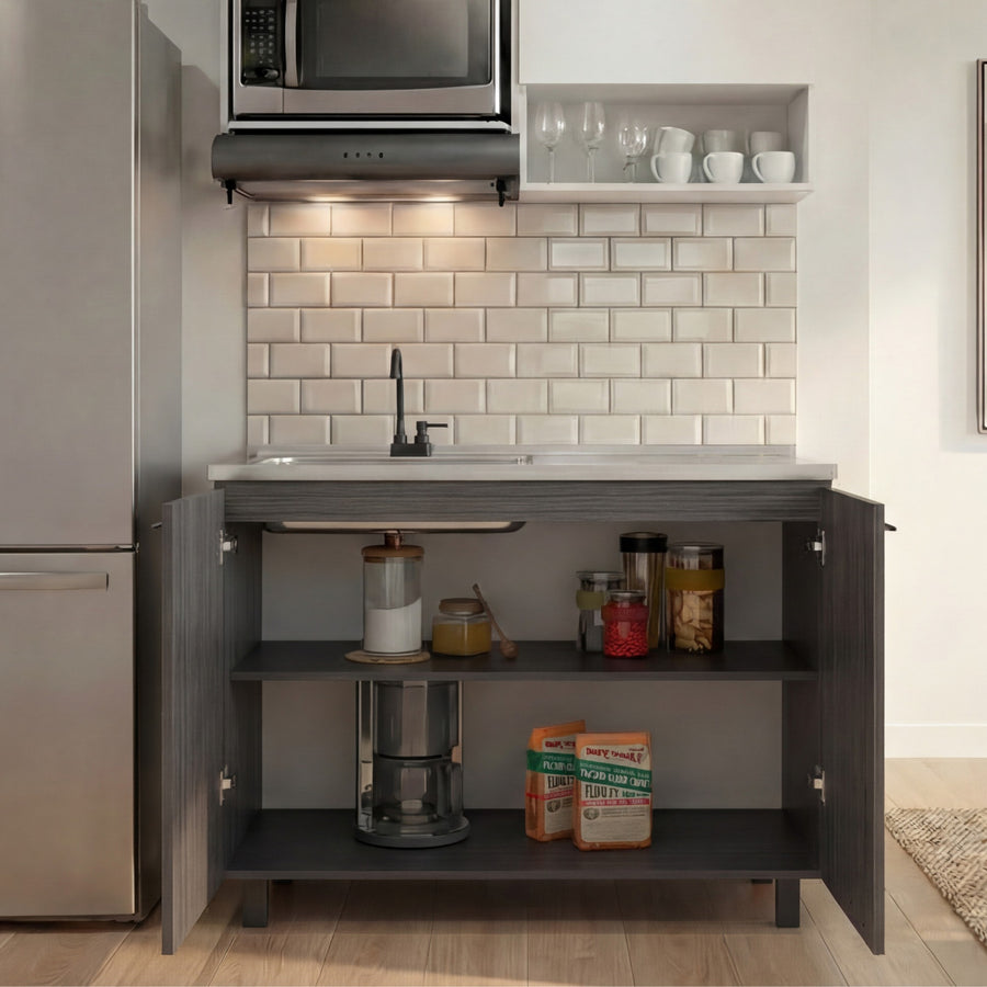 TUHOME CONCEPT Mueble de fregadero Nápoles de 100 cm con fregadero de acero inoxidable, grifo y 2 puertas, roble gris