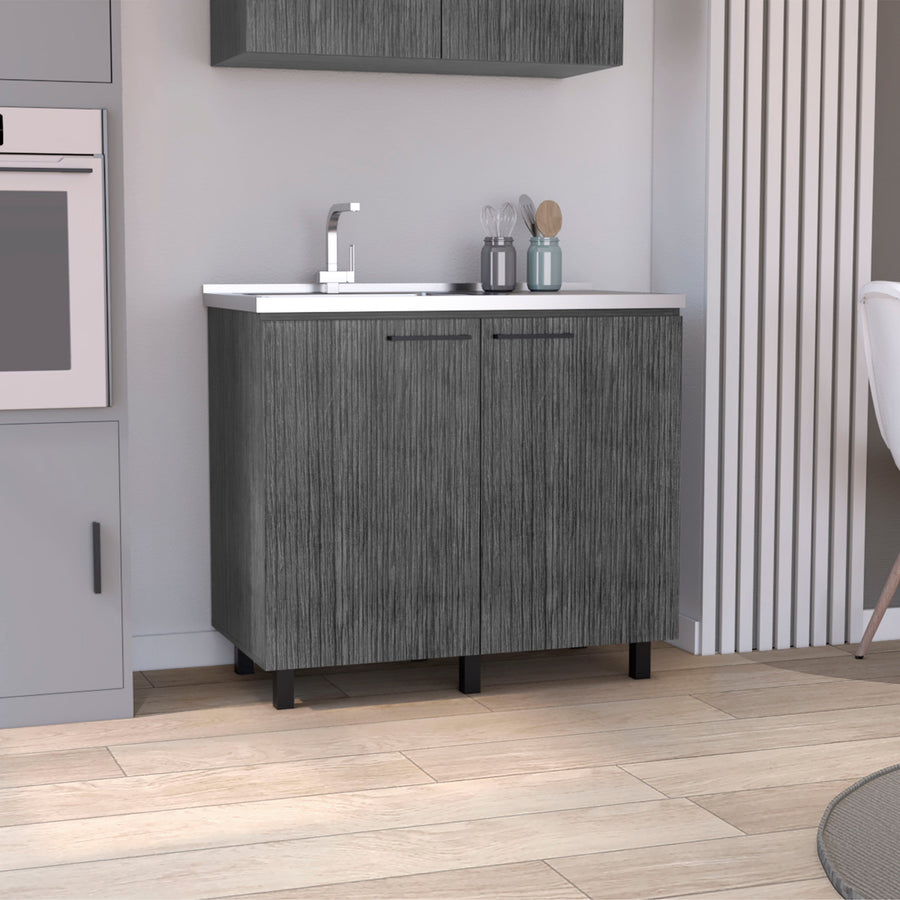 Mueble de fregadero Napoles de 100 cm con fregadero de acero inoxidable y 2 puertas, roble gris