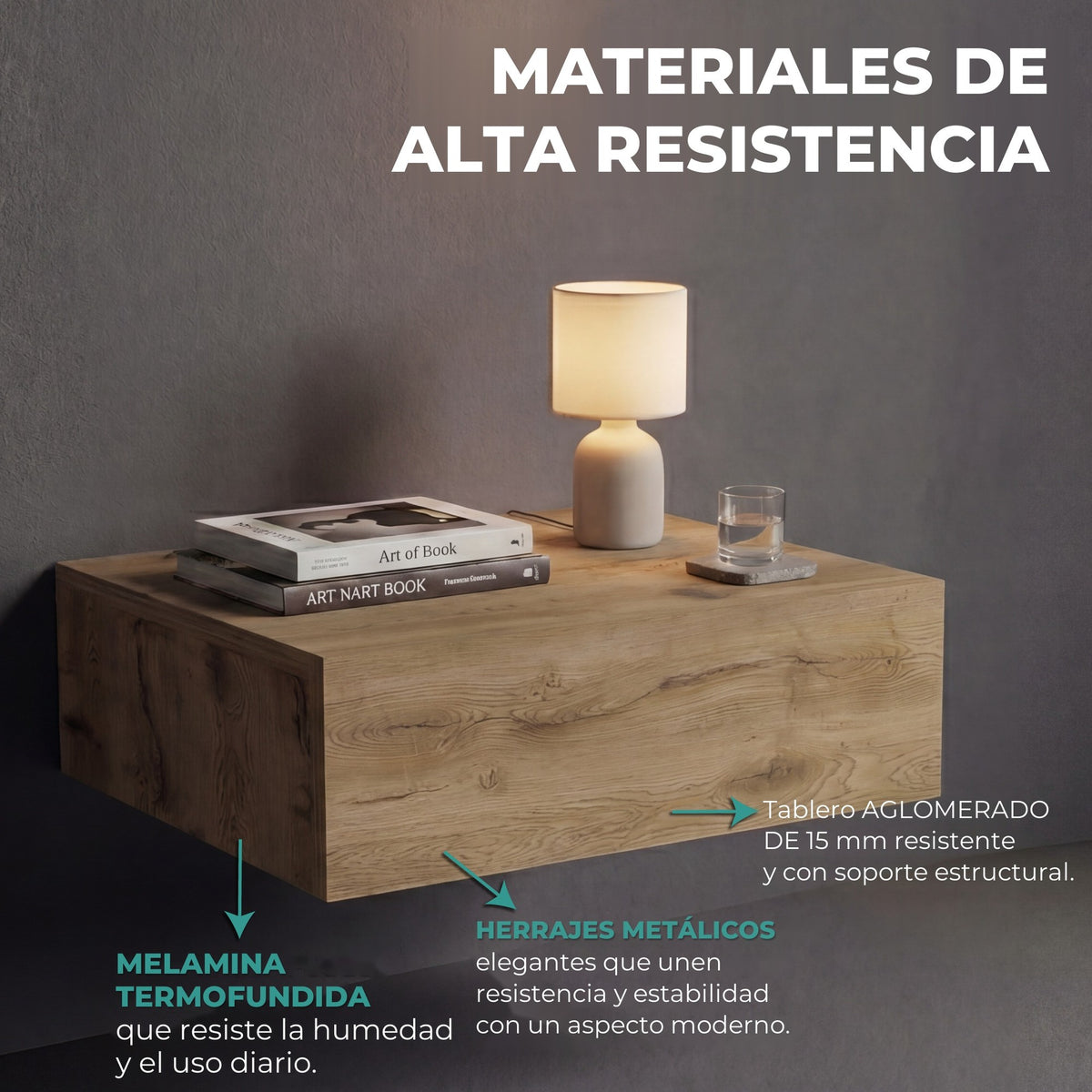 TUHOME CONCEPT Mesita de noche flotante Milano de 40 cm, macadamia