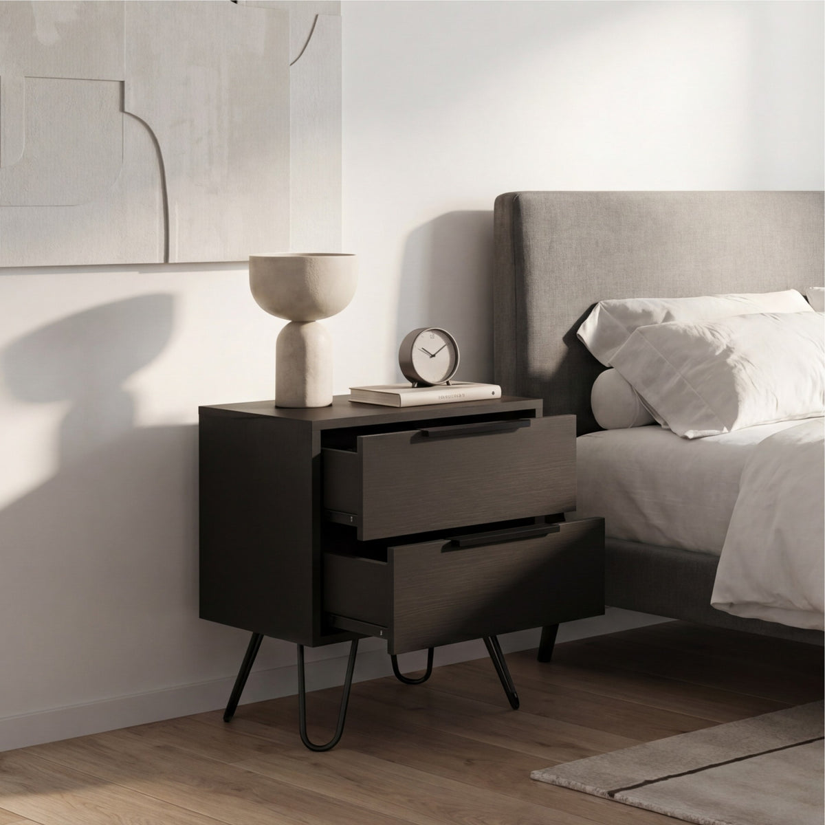 TUHOME Mesita de noche Nuvo 45 cm con 2 cajones, wengué