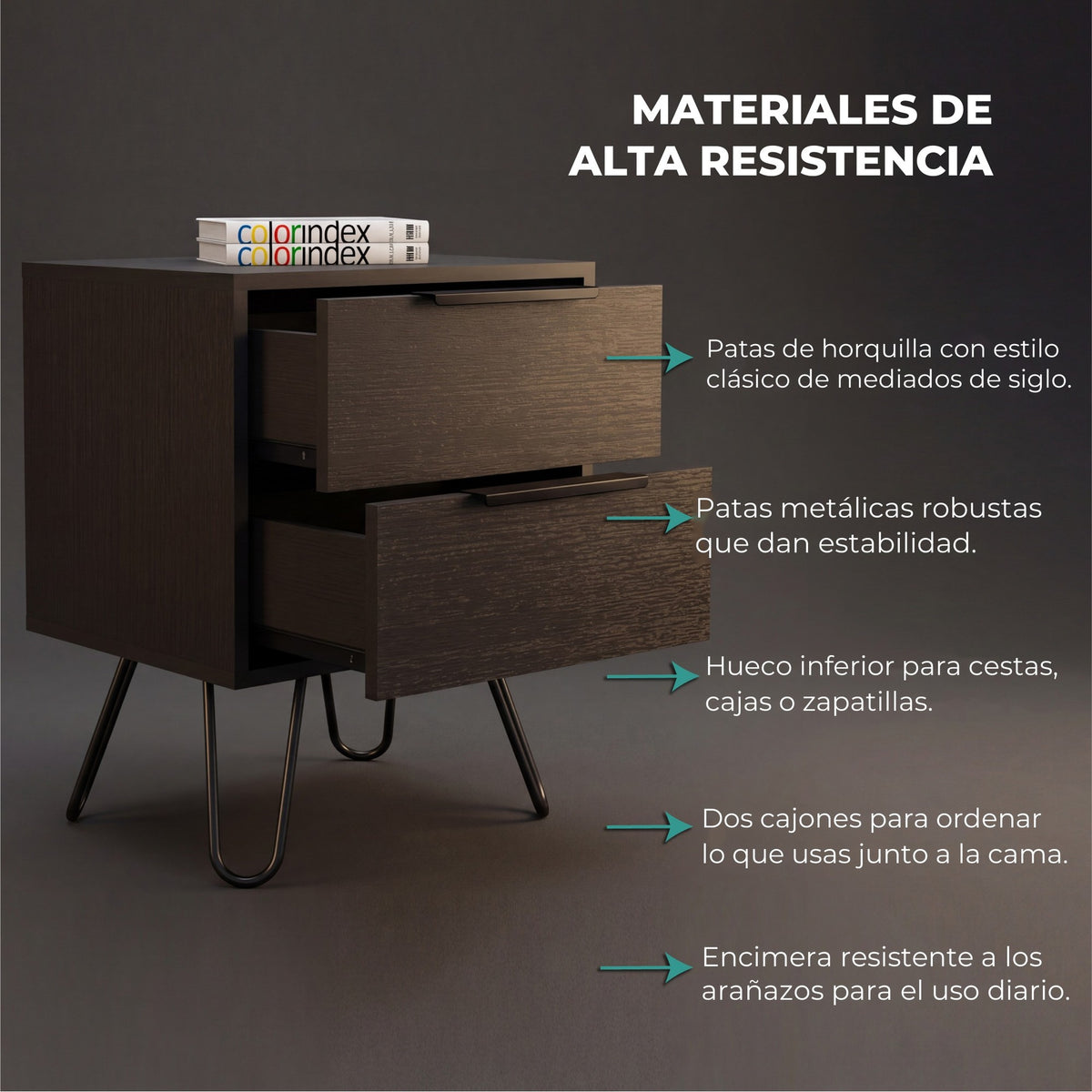 TUHOME Mesita de noche Nuvo 45 cm con 2 cajones, wengué