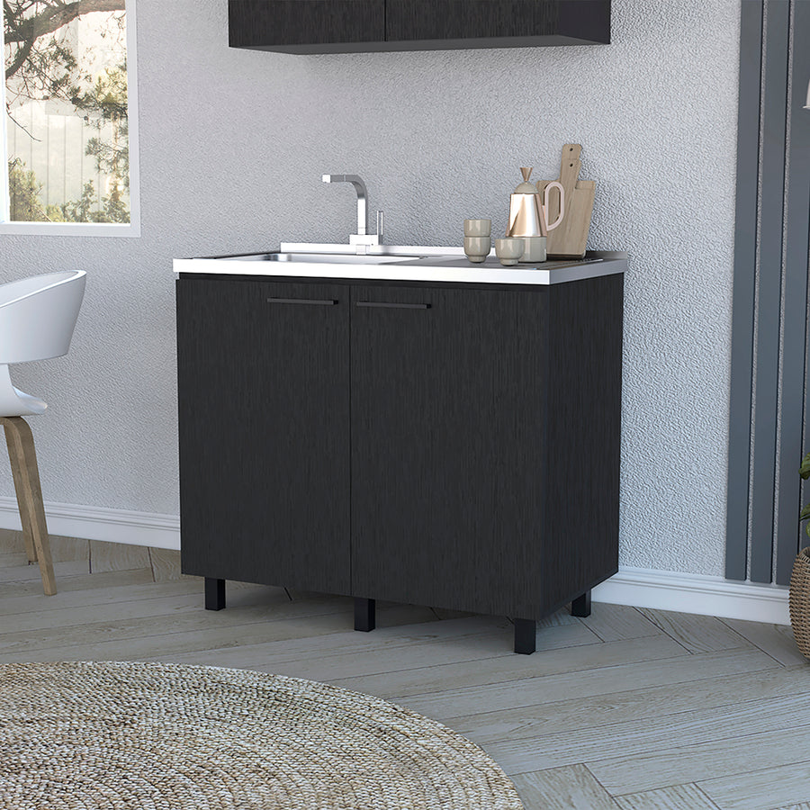 Mueble de fregadero Napoles de 100 cm con fregadero de acero inoxidable y 2 puertas, wengué