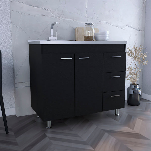 Mueble bajo Ferreti en melamina con 3 cajones ,  2 puertas y encimera de acero inoxidable , negro , 90 cm X 100 cm X 52.5 cm