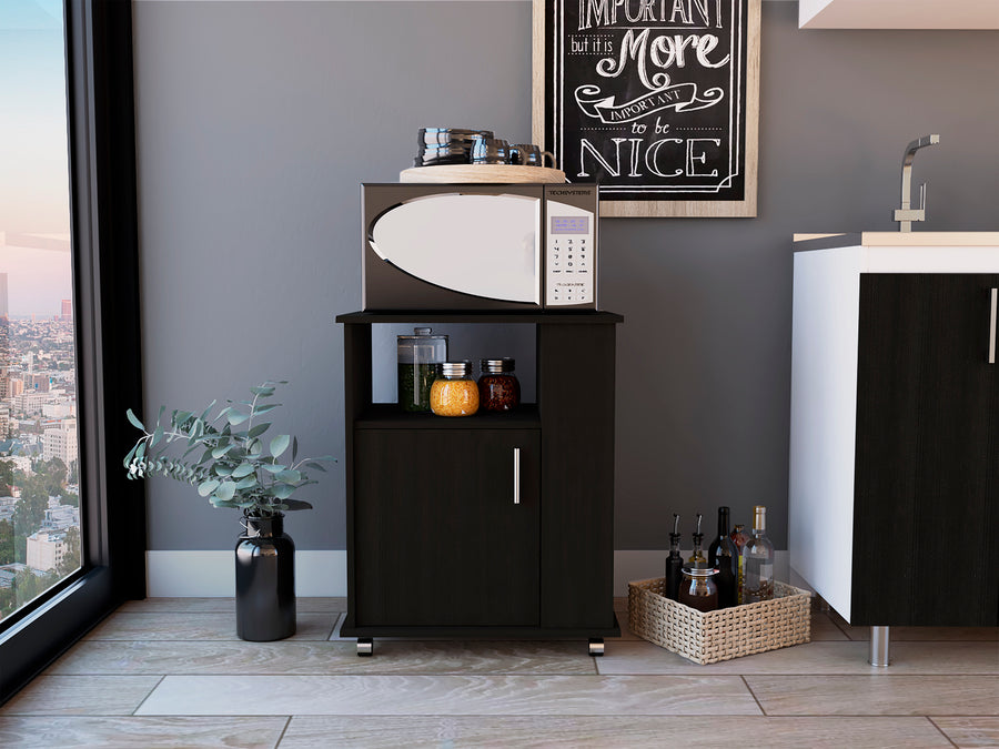 Mueble para microondas Lower de 60 cm con 1 puerta y ruedas, wengué