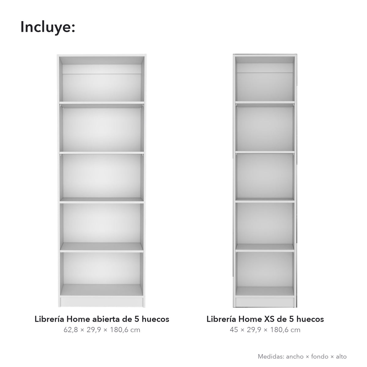 Conjunto de 2 librerías Home de 181 cm: 1 abierta de 5 huecos + 1 XS de 45 cm, blanco