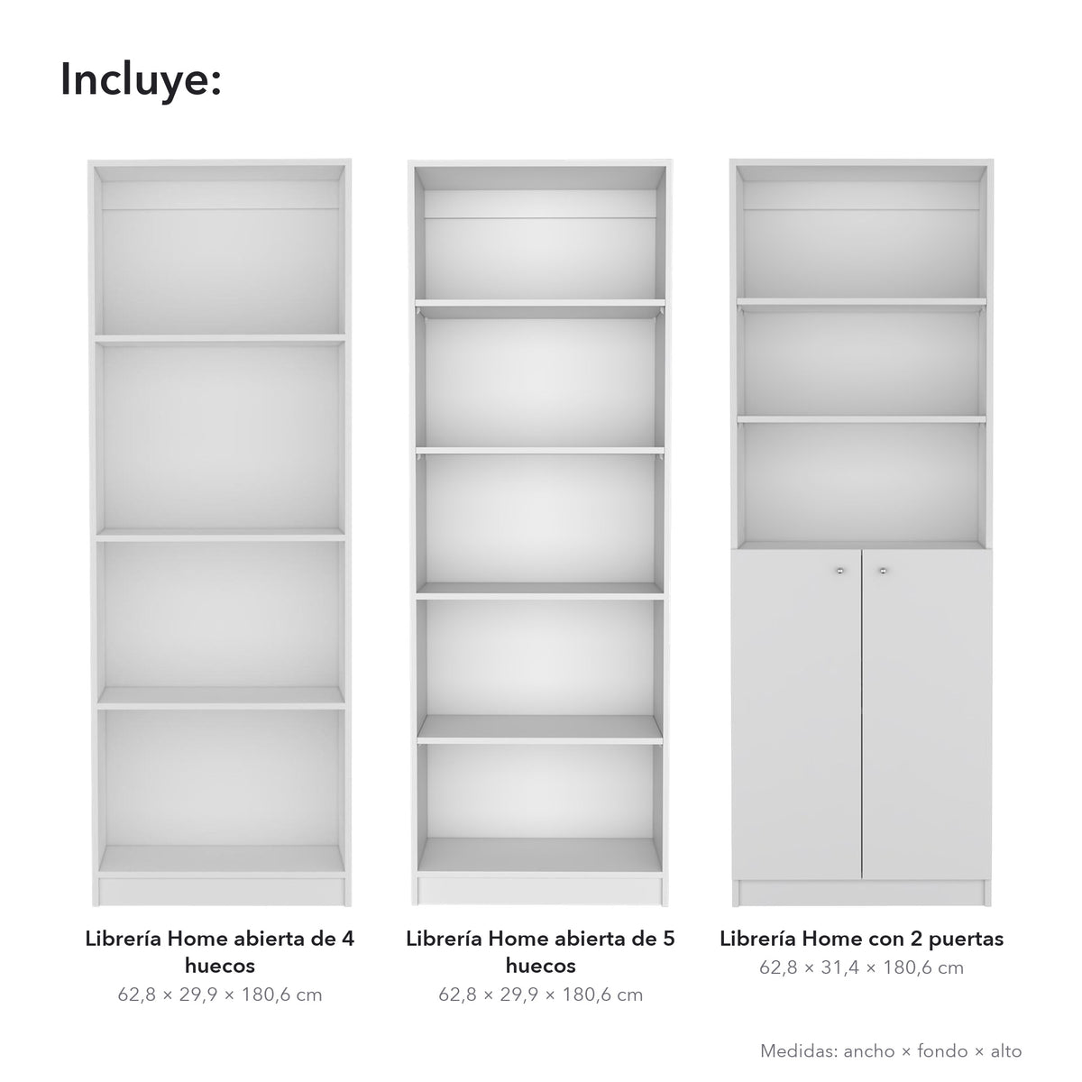 Conjunto de 3 librerías Home de 181 cm: 1 abierta de 4 huecos + 1 abierta de 5 huecos + 1 con 2 puertas, blanco