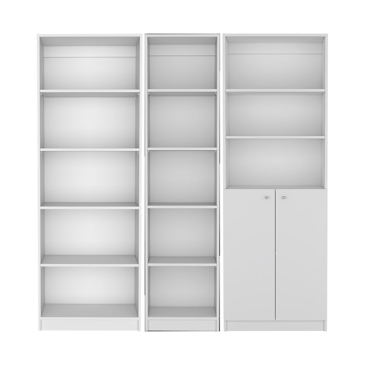 Conjunto de 3 librerías Home de 181 cm: 1 abierta de 5 huecos + 1 XS de 45 cm + 1 con 2 puertas, blanco