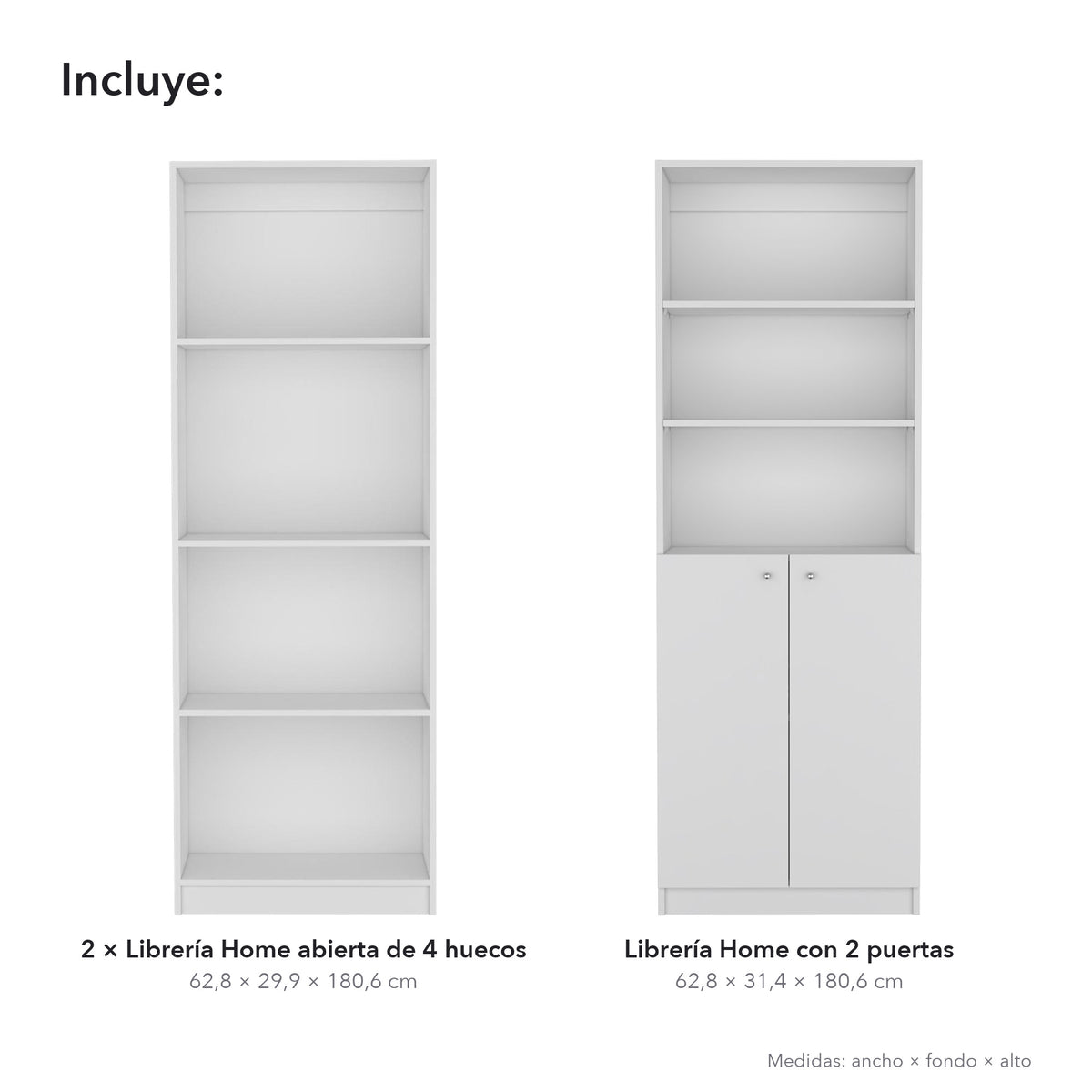 Conjunto de 3 librerías Home de 181 cm: 2 abiertas de 4 huecos + 1 con 2 puertas, blanco