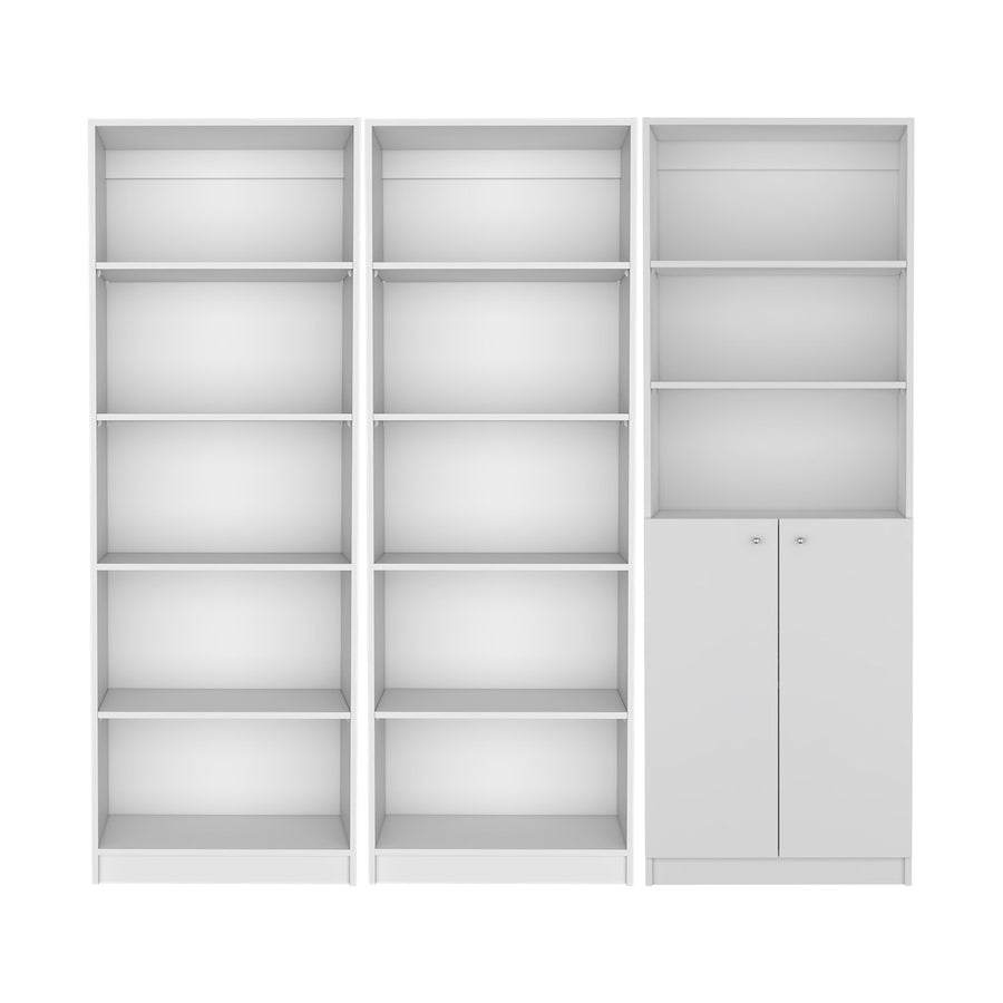 Conjunto de 3 librerías Home de 181 cm: 2 abiertas de 5 huecos + 1 con 2 puertas, blanco