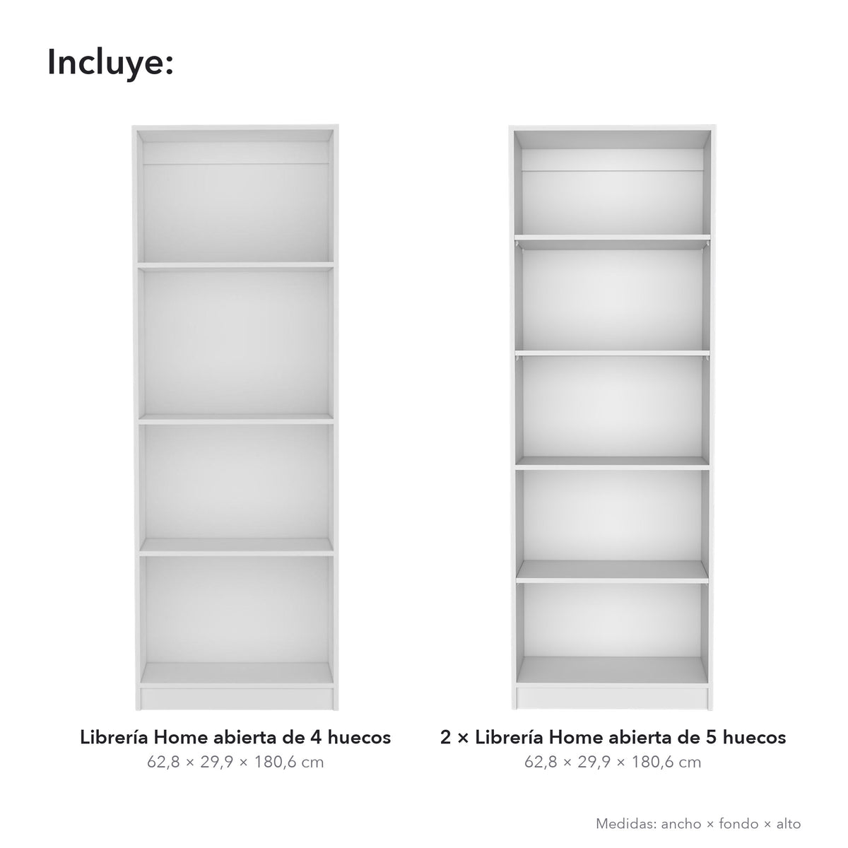 Conjunto de 3 librerías Home de 181 cm: 1 abierta de 4 huecos + 2 abiertas de 5 huecos, blanco