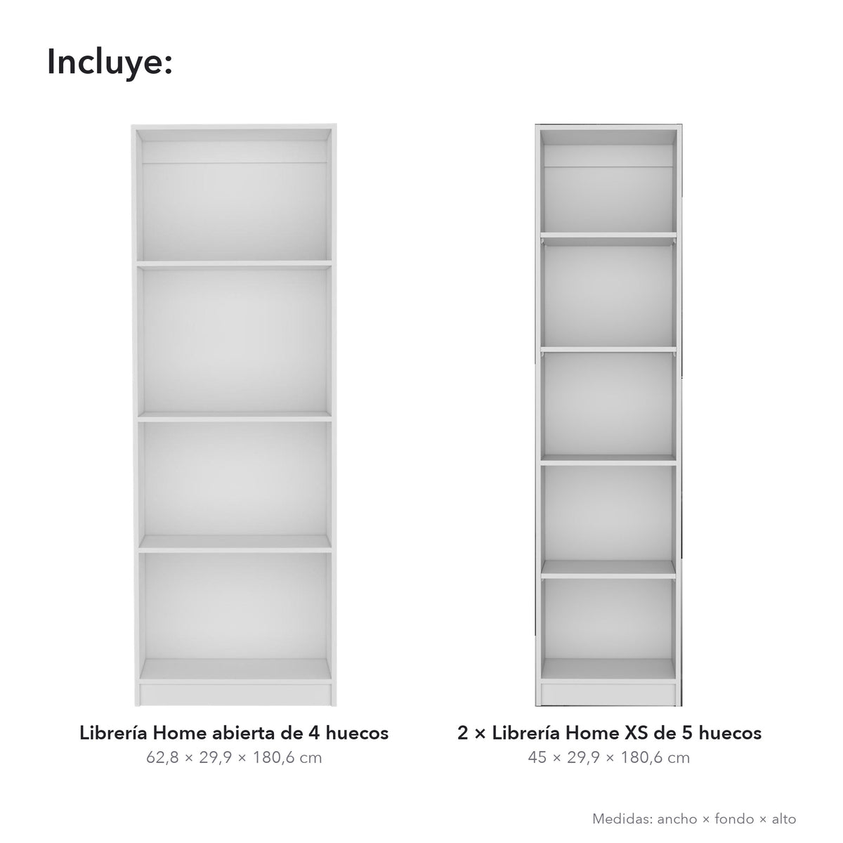 Conjunto de 3 librerías Home de 181 cm: 1 abierta de 4 huecos + 2 XS de 45 cm, blanco