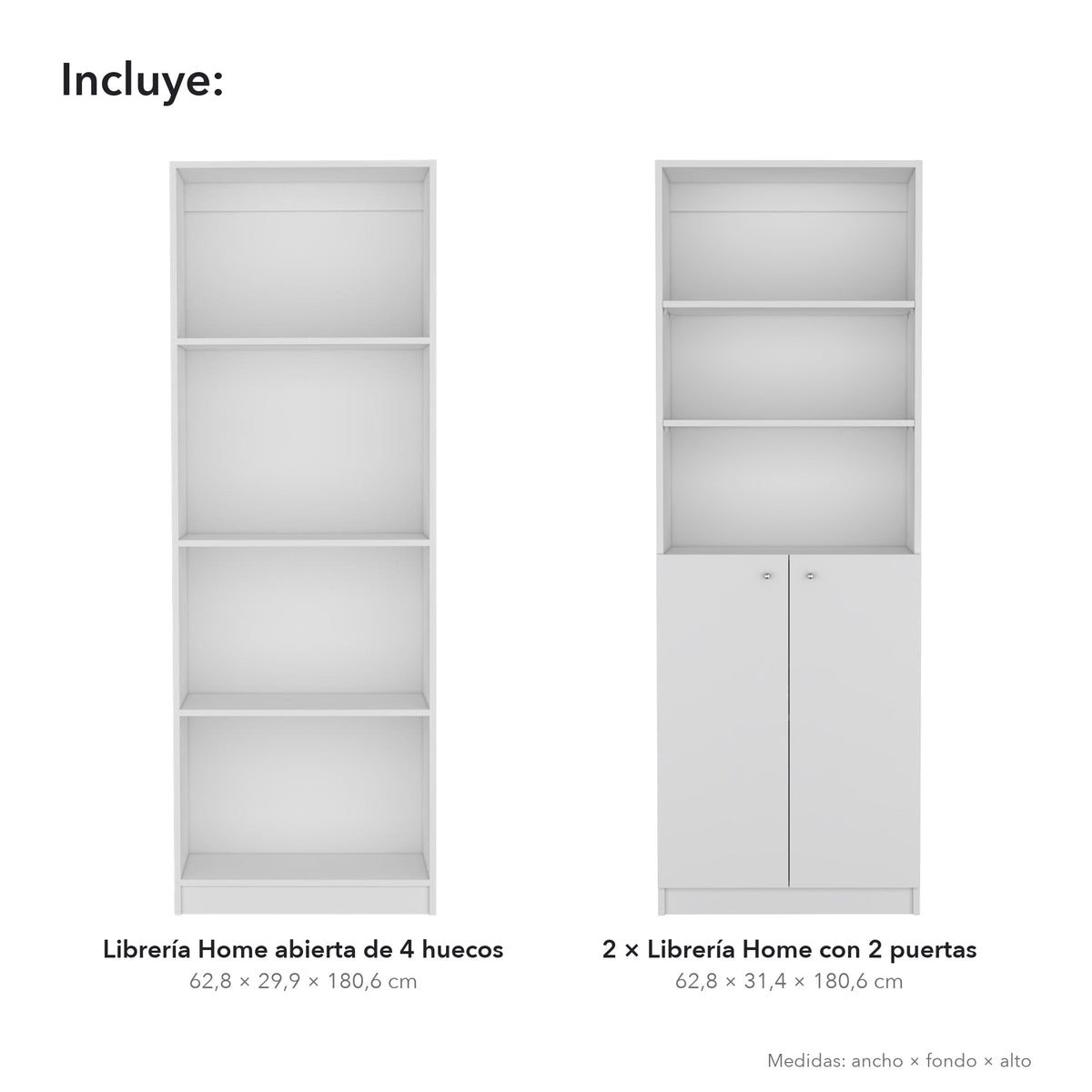 Conjunto de 3 librerías Home de 181 cm: 1 abierta de 4 huecos + 2 con 2 puertas, blanco