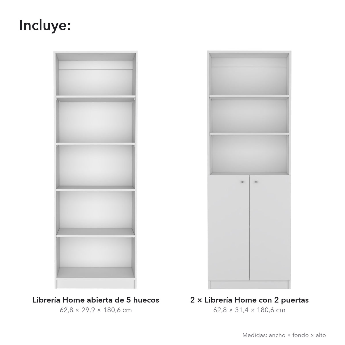 Conjunto de 3 librerías Home de 181 cm: 1 abierta de 5 huecos + 2 con 2 puertas, blanco