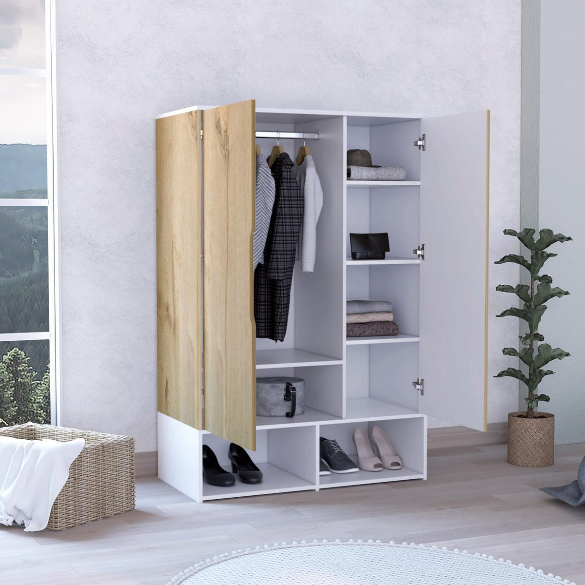 Armario ropero Rosie de 100 cm, roble claro y blanco, en ambiente – TUHOME