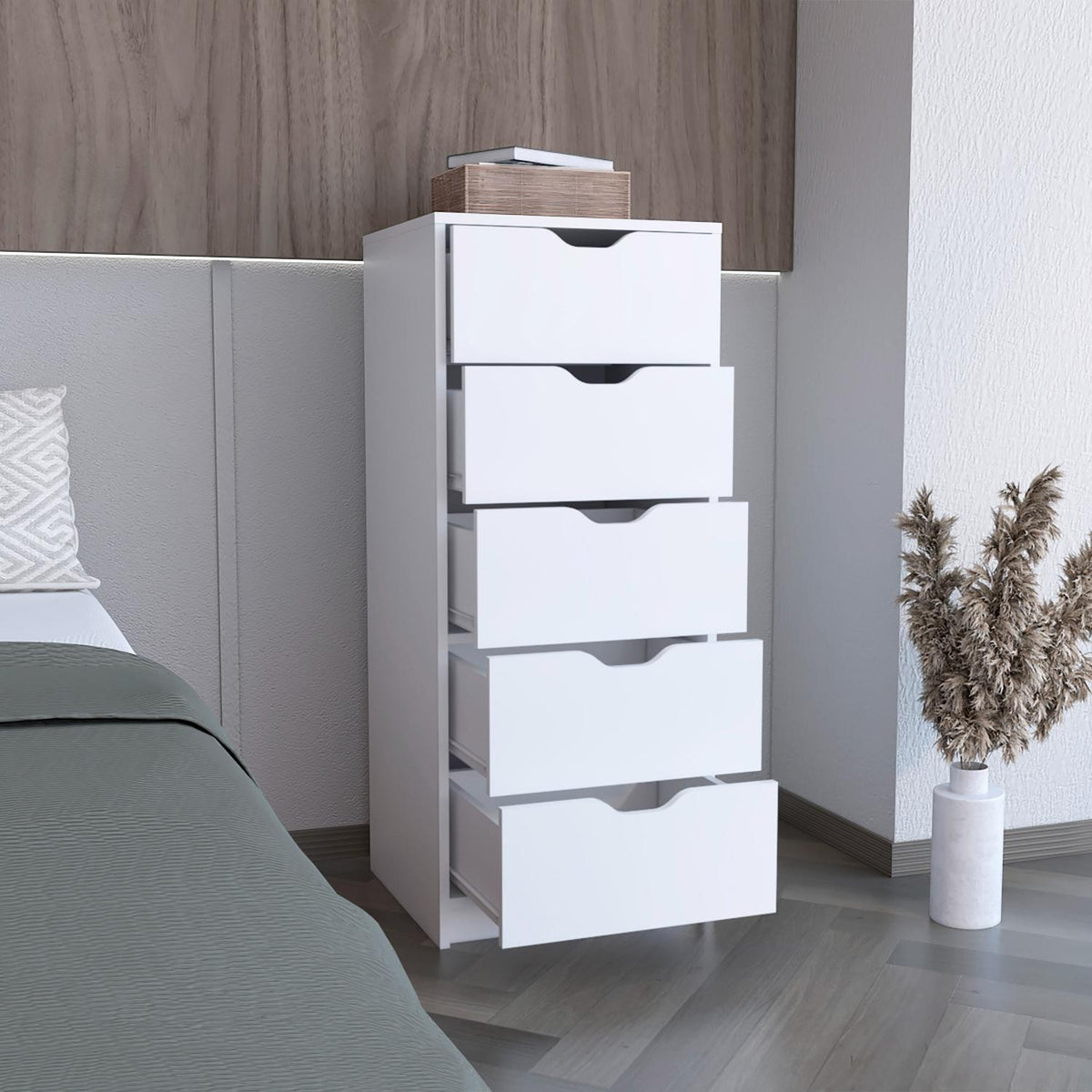 Cómoda Basilea Narrow de 45 cm, blanco, en ambiente – TUHOME