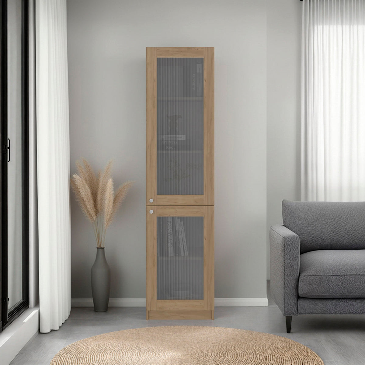 TUHOME CONCEPT Estantería alta Copenhague de 181 cm con 2 puertas de vidrio acanalado, fresno y blanco