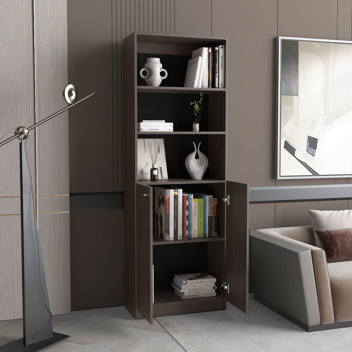 TUHOME CONCEPT Estantería alta Home M4 de 181 cm con 2 puertas y estantes abiertos, nogal europeo