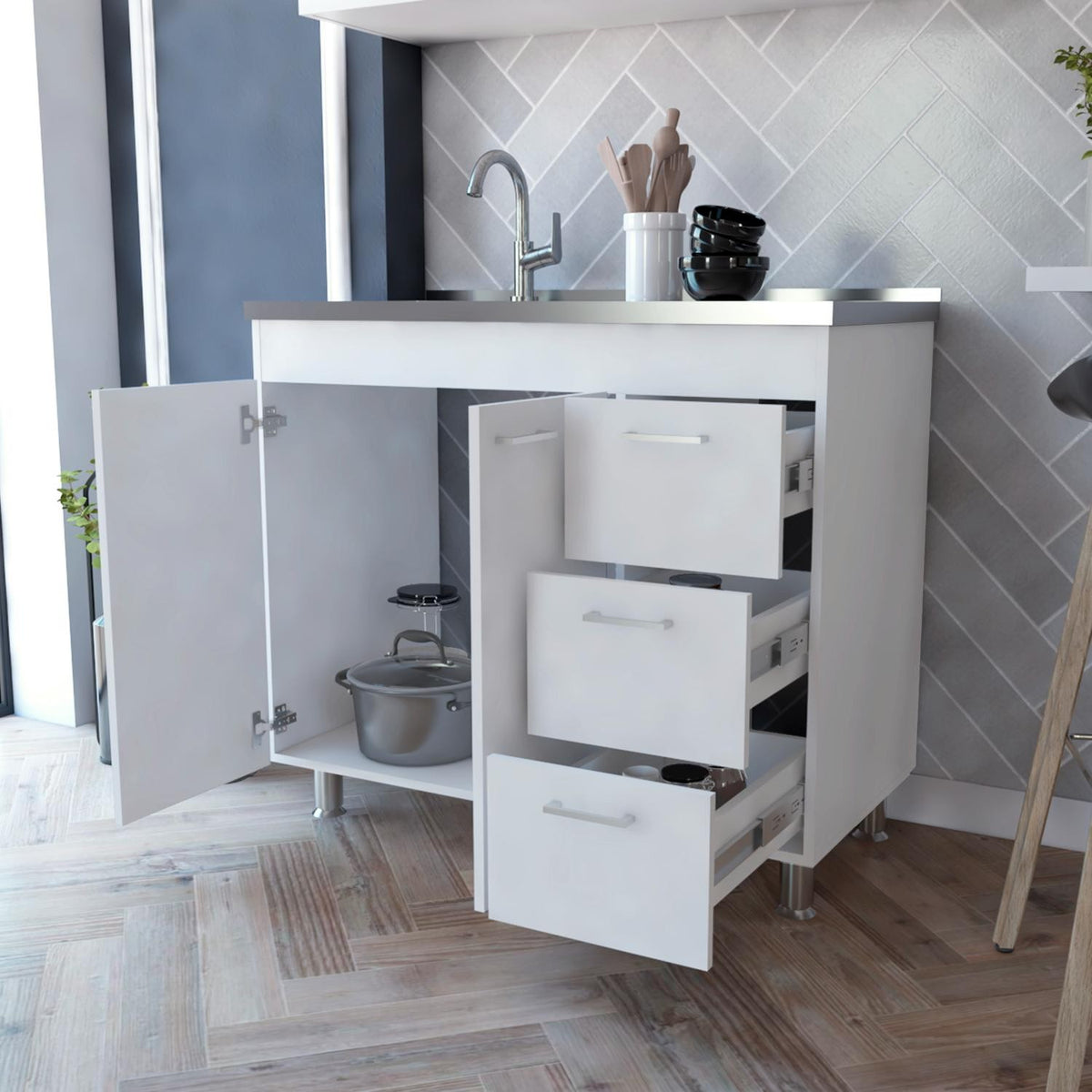 TUHOME CONCEPT Mueble bajo de cocina Ferretti de 100 cm con fregadero inox, 2 puertas y 3 cajones, blanco