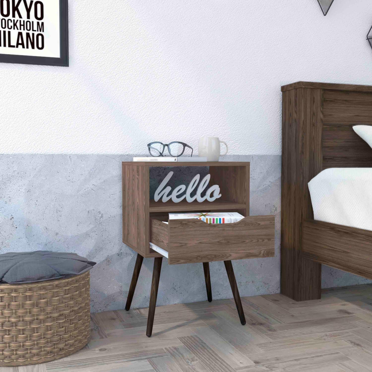 TUHOME CONCEPT Mesita de noche Otom de 40 cm con 1 cajón y 1 hueco, nogal