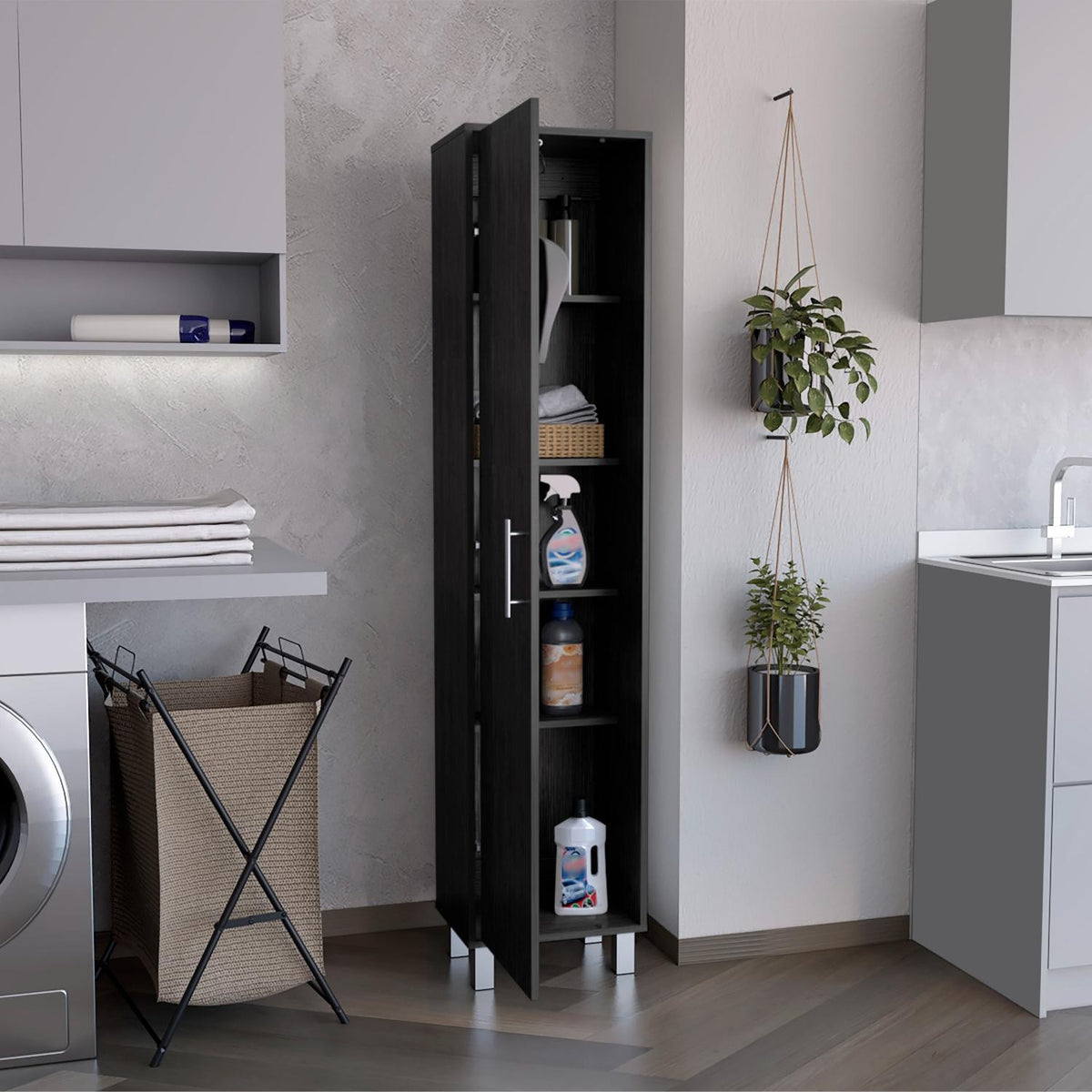 Armario multiusos Laska de 180 cm, roble gris, en ambiente – TUHOME