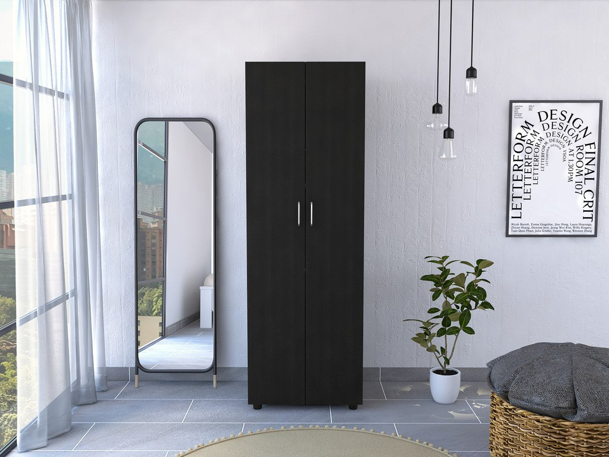Conjunto de dormitorio: armario ropero Aurora de 180 cm + 2 mesitas de noche Kaia, wengué y roble miel