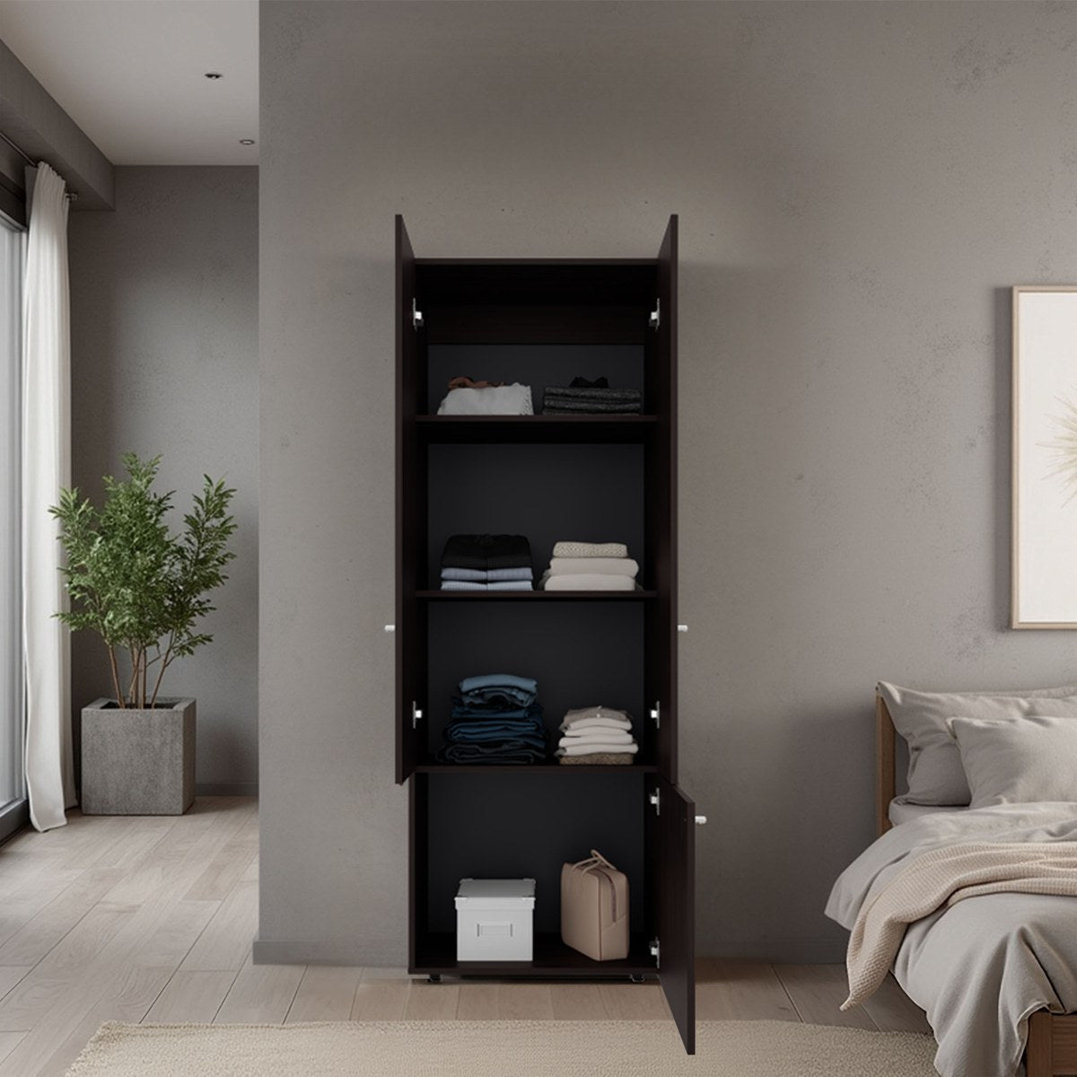 Conjunto de 3 armarios Home de 170 cm: 2 puertas con barra + 2 puertas con estantes + 3 puertas con estantes, nogal