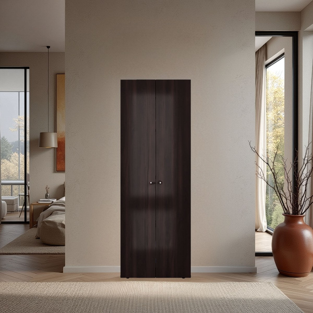 Conjunto de 3 armarios Home de 170 cm: 2 puertas con barra + 2 puertas con estantes + 3 puertas con estantes, nogal