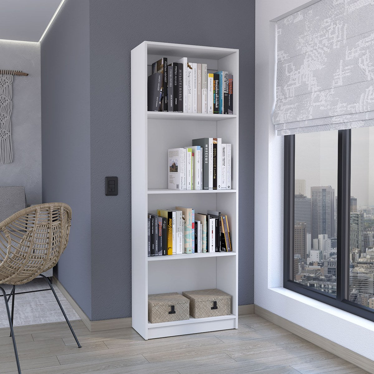 Conjunto de 3 librerías Home de 181 cm: 1 abierta de 4 huecos + 1 abierta de 5 huecos + 1 con 2 puertas, blanco