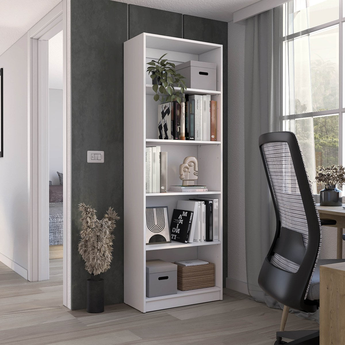 Conjunto de 3 librerías Home de 181 cm: 2 abiertas de 5 huecos + 1 con 2 puertas, blanco