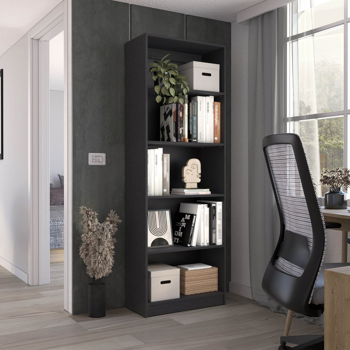 Conjunto de 3 librerías Home de 181 cm: 1 abierta de 4 huecos + 1 abierta de 5 huecos + 1 con 2 puertas, wengué