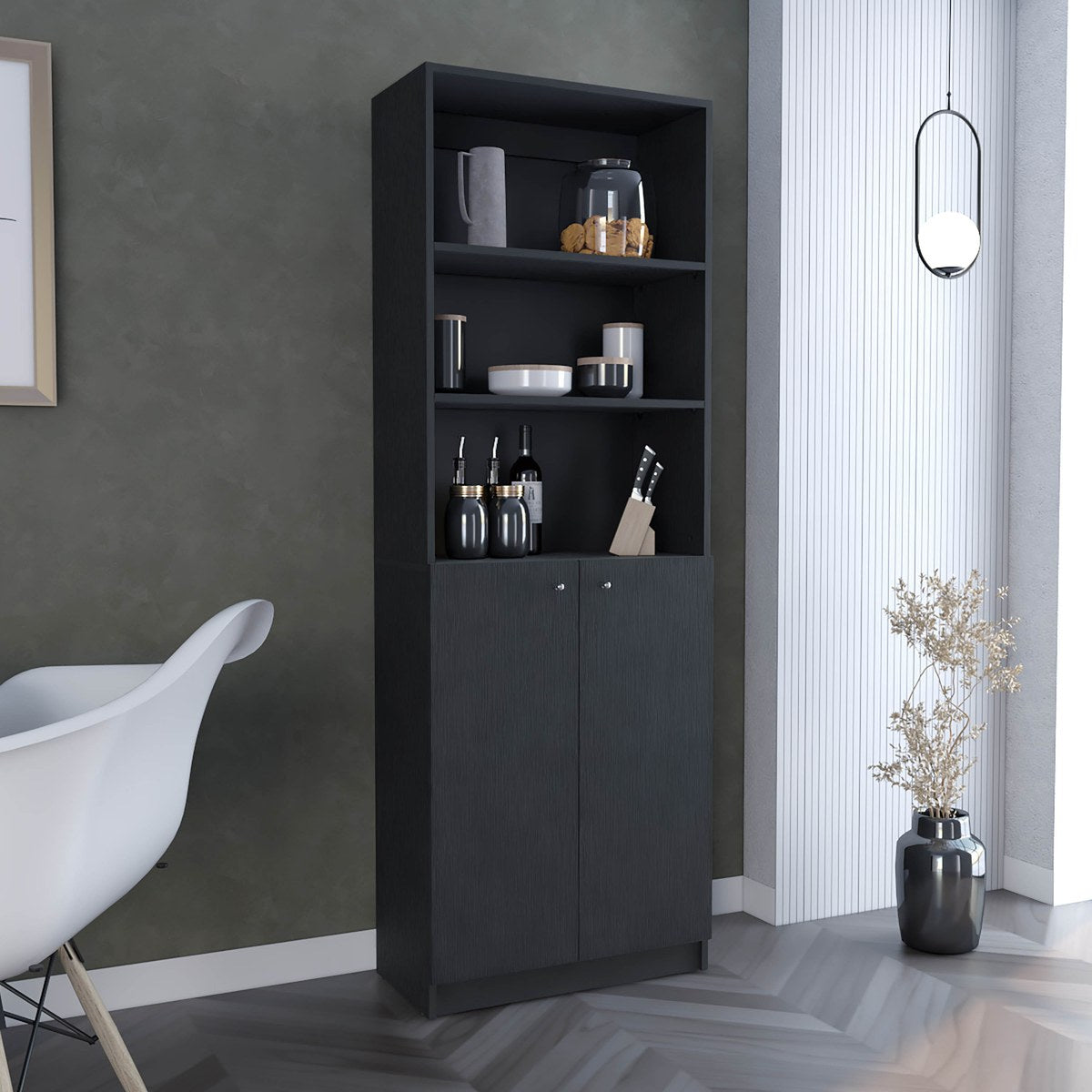 Conjunto de 3 librerías Home de 181 cm: 1 abierta de 4 huecos + 1 abierta de 5 huecos + 1 con 2 puertas, wengué