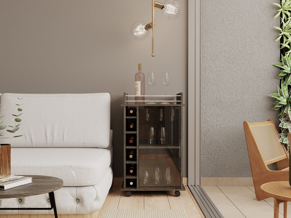 Conjunto de bar: mueble bar Kava de 181 cm + carrito auxiliar Dukat de 55 cm, gris carbón