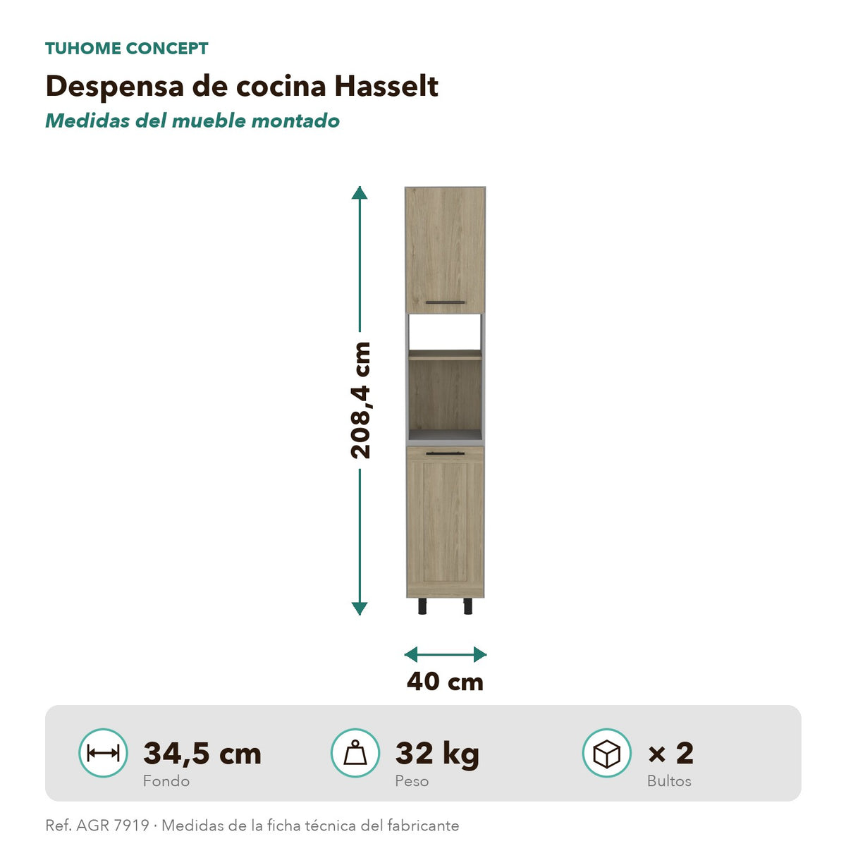TUHOME CONCEPT Despensa de cocina Hasselt de 208 cm, gris y roble claro