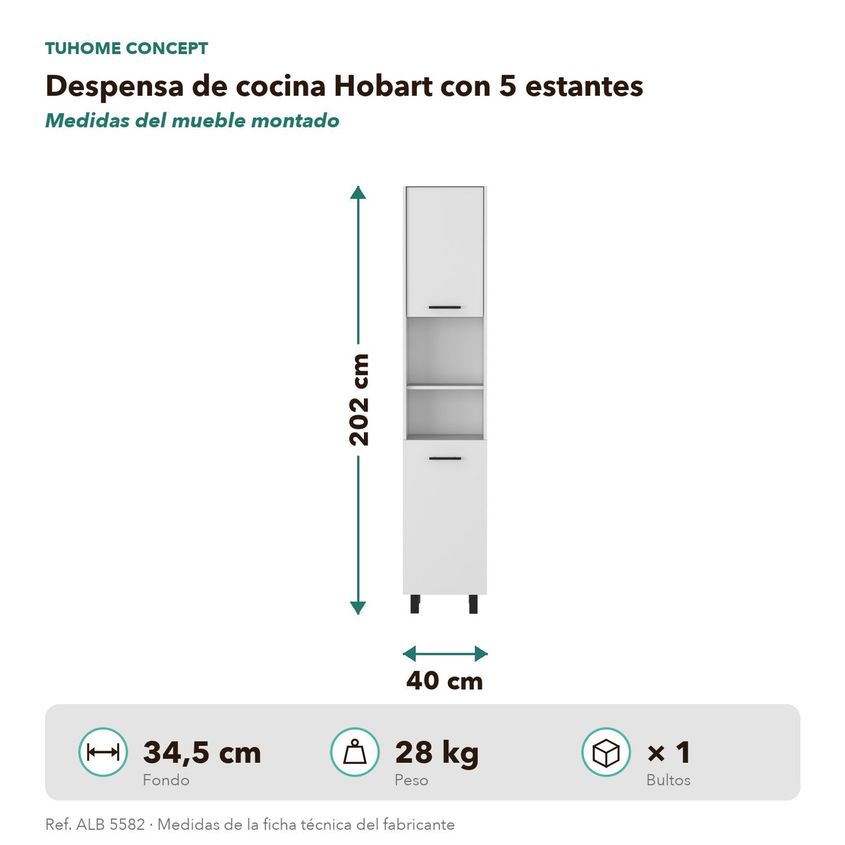 Despensa de cocina Hobart de 202 cm, blanco, infografía – TUHOME