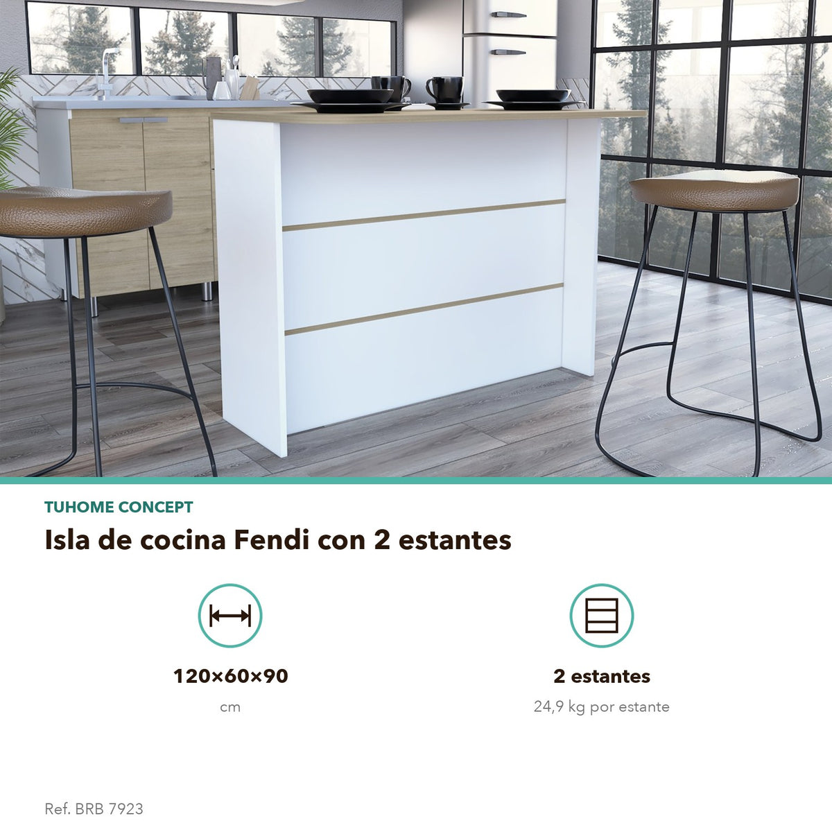 TUHOME CONCEPT Isla de cocina Fendi de 120 cm con 2 estantes, roble claro y blanco